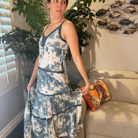 Anthropologie Maxi Dress New Size Tie Dye Blue Tiered Drawstring Boho - Picture 6 of 6